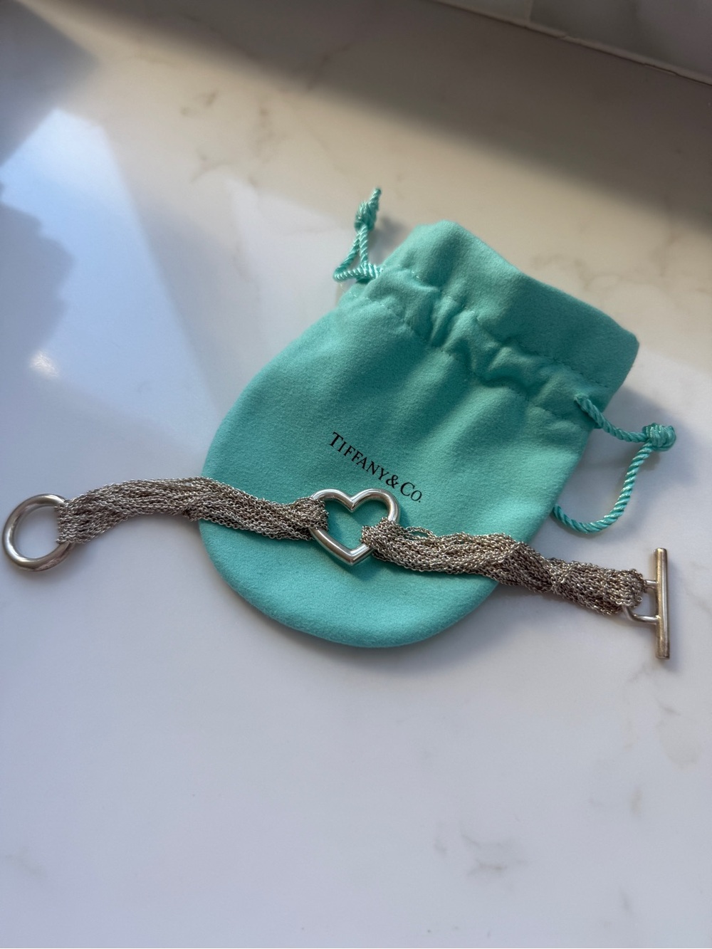 Tiffany & Co. Silver Heart Mesh Toggle Bracelet with Multi-Strand Chain